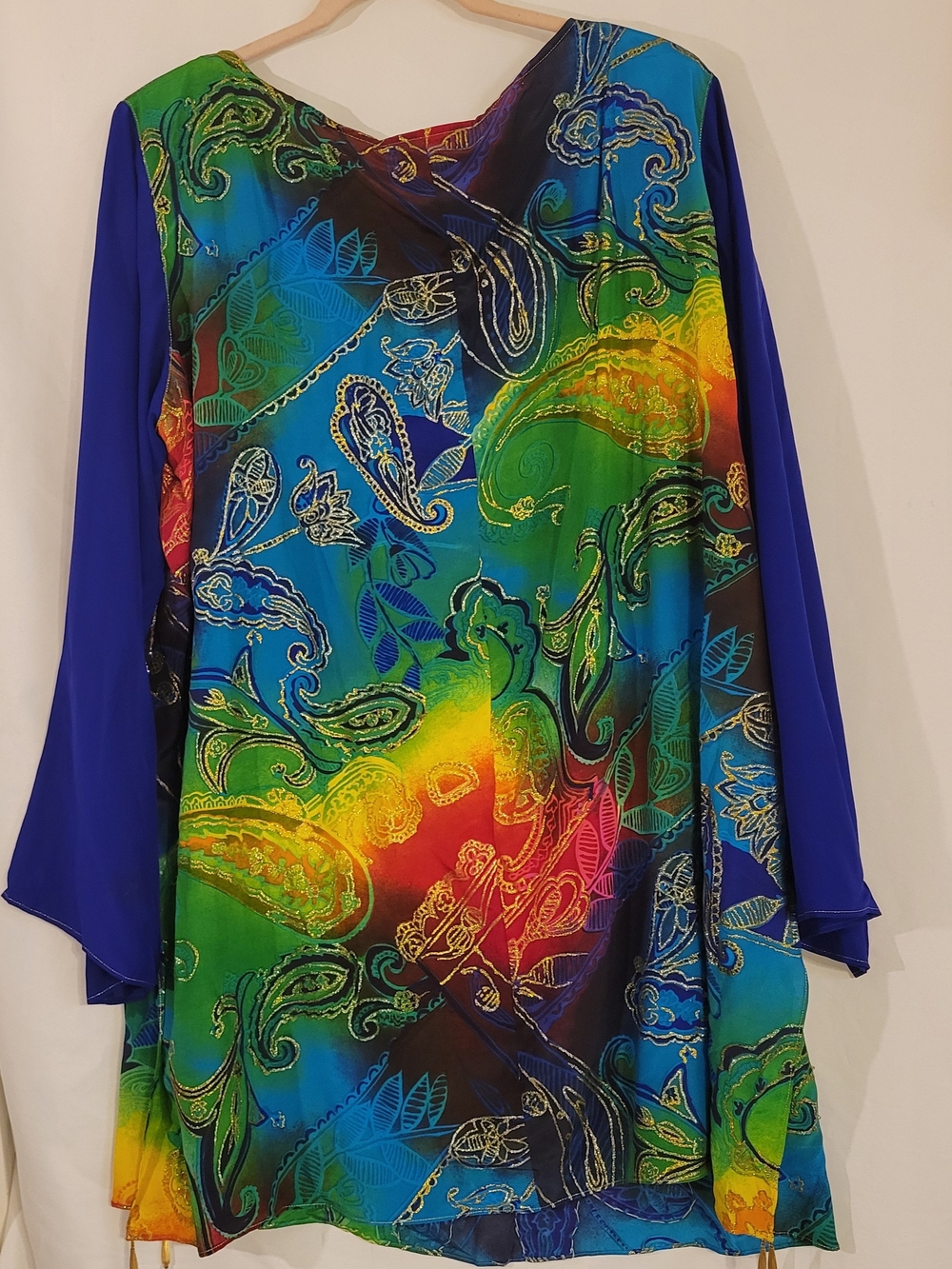 Diane Gilman 2X Silk Paisley Tunic Top Beaded Tassel Hem Colorful - Picture 6 of 8